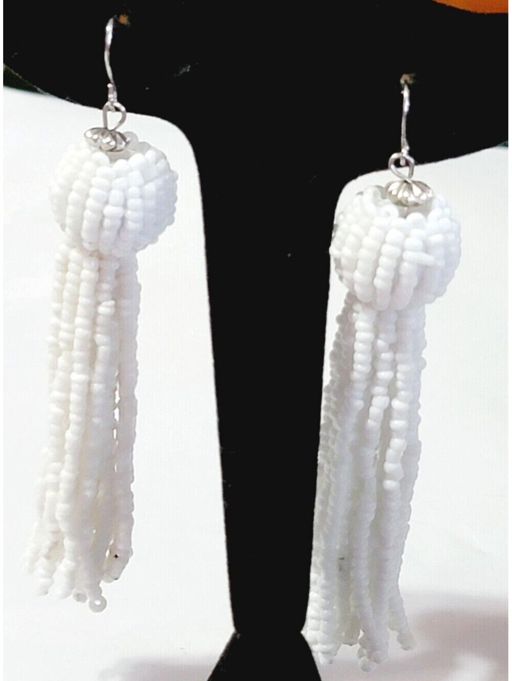 Vintage Long Dangle Pierced Earrings 3.5" White Glass Multi-strand Disco wp-6